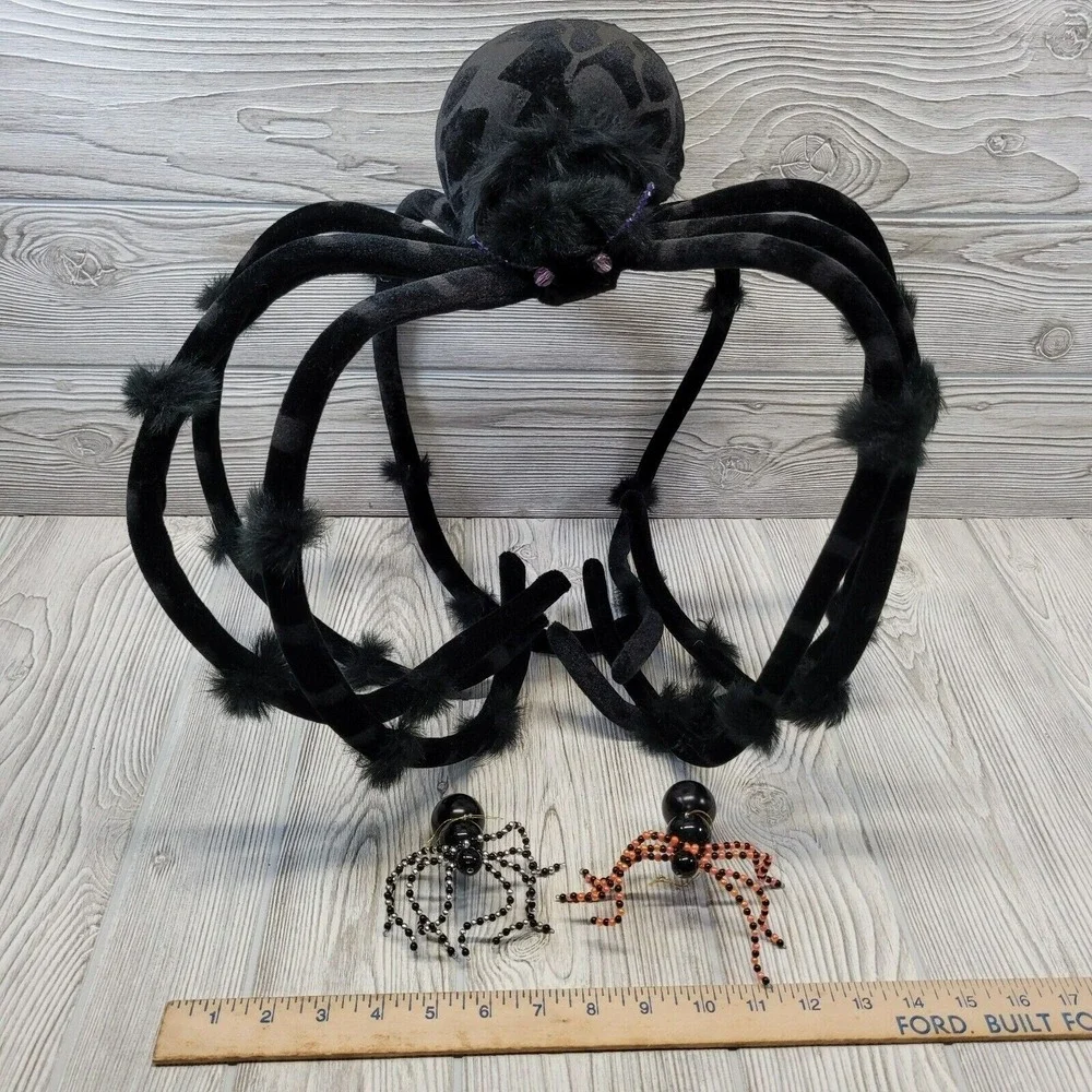Unbranded Halloween Spider Decor Set Black Large Plush and Beaded Ornaments‎